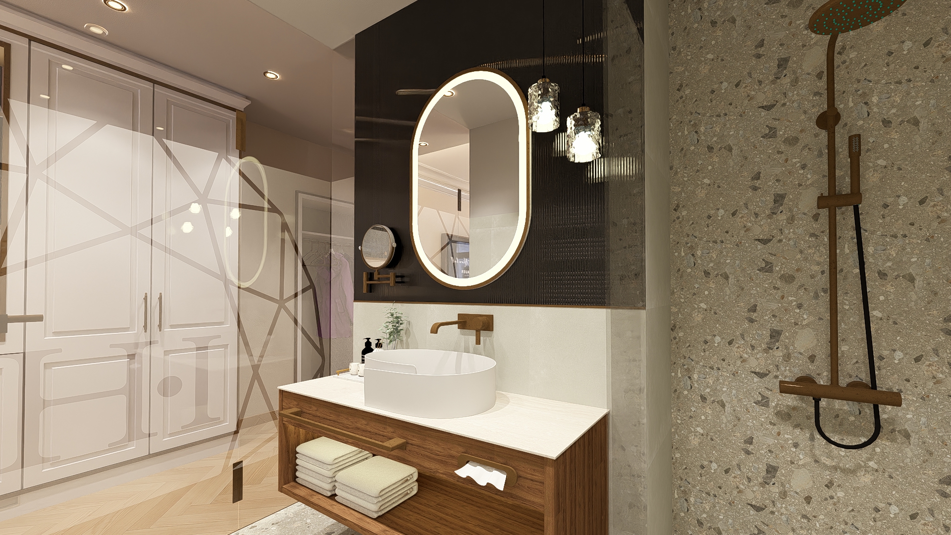 Badezimmer im Deluxe Doppelzimmer Badezimmer mit moderner Ausstattung und Eleganz in Natur- und Blautönen.